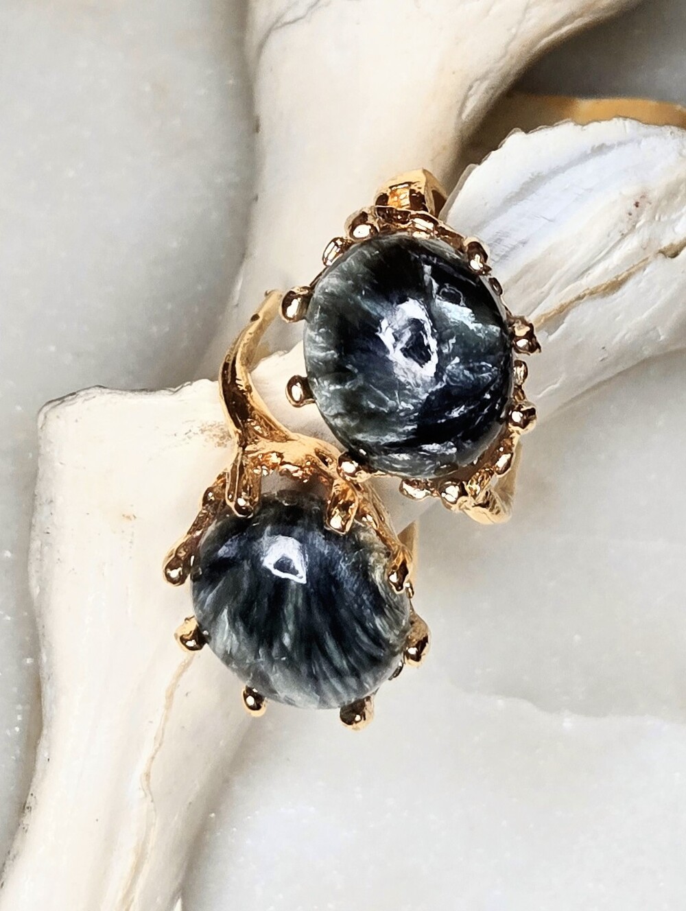 Natural Striking Russian Seraphinite In Ornate Gold Plated Basket Earrings